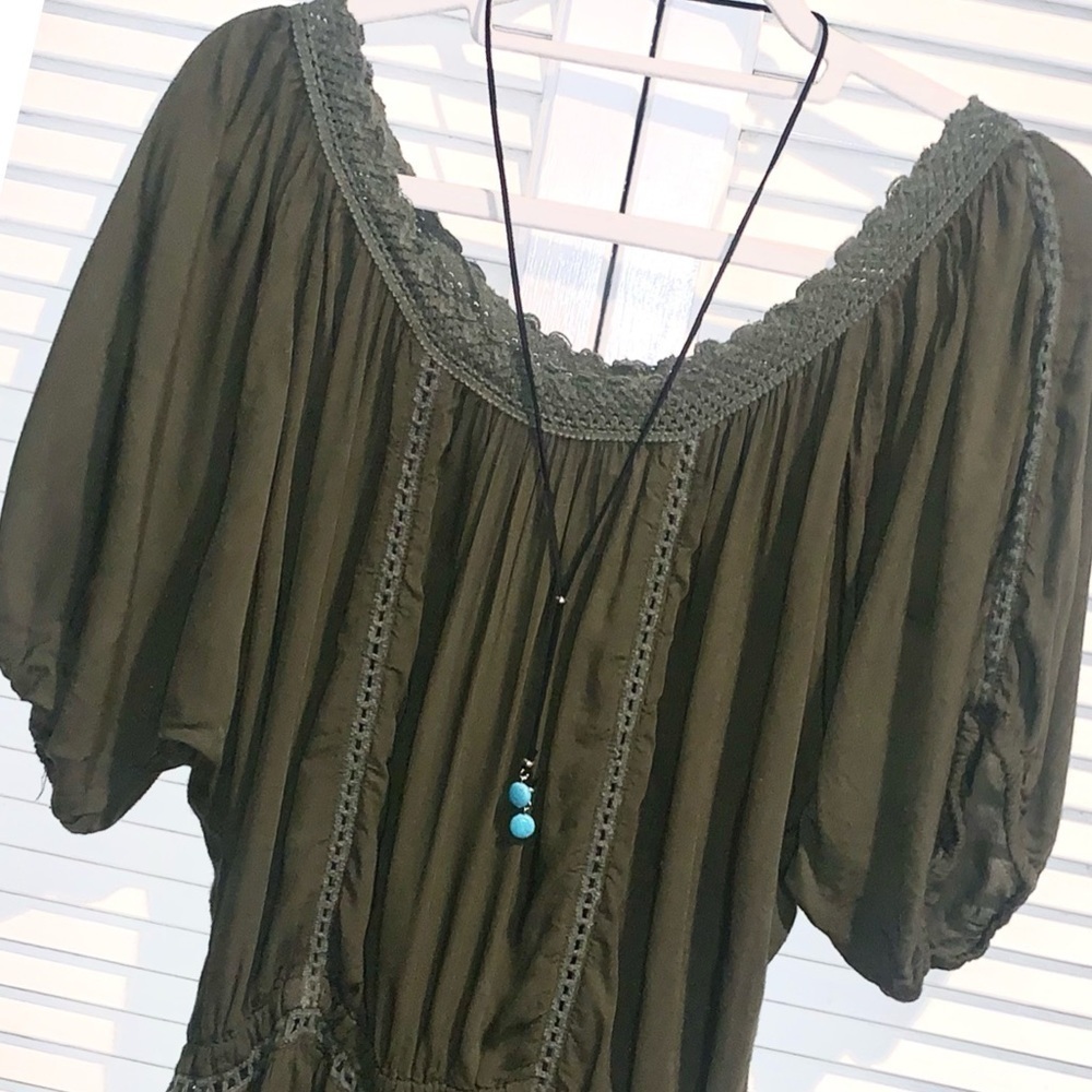Pinky Olive Green Boho crochet Blouse Women’s Medium - Picture 2 of 6
